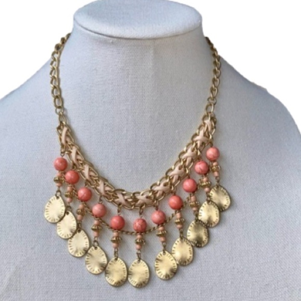VINTAGE Collar Necklace Leather Braiding Peach Beads Gold-Tone Medallions